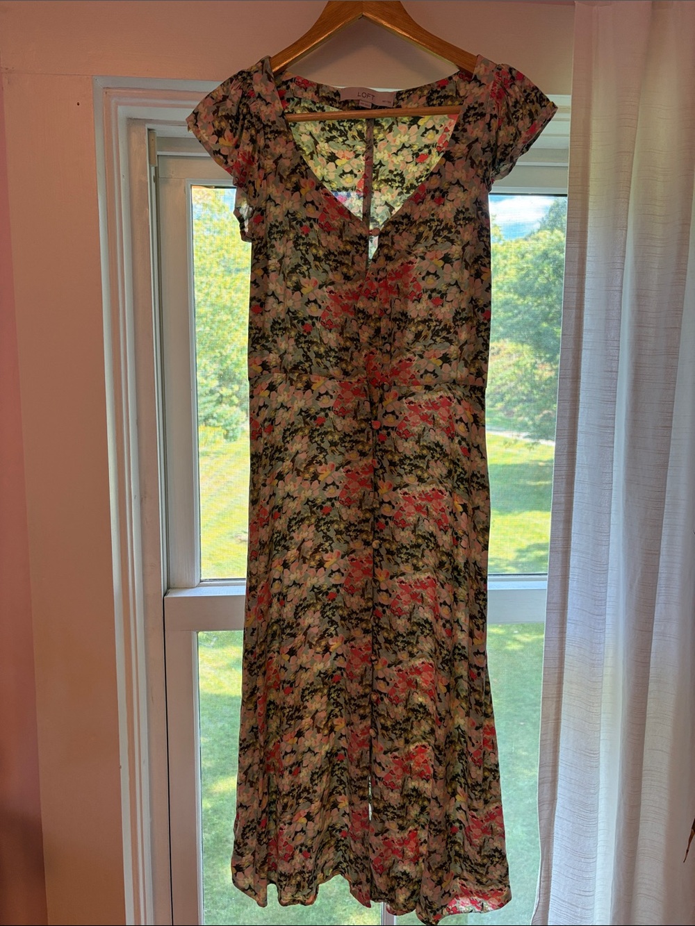 LOFT Floral V-Neck Midi Dress in Pink, Green and Cream